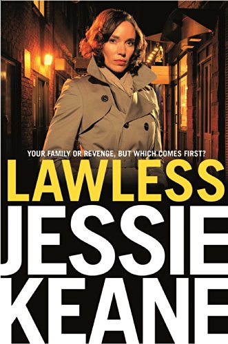 Book cover: woman in trench coat, dark alley, bold yellow title "Lawless".
