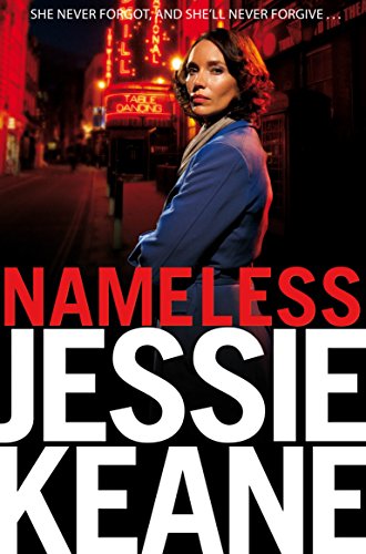 Book cover: woman in blue jacket, city lights, title "Nameless" by Jessie Keane.