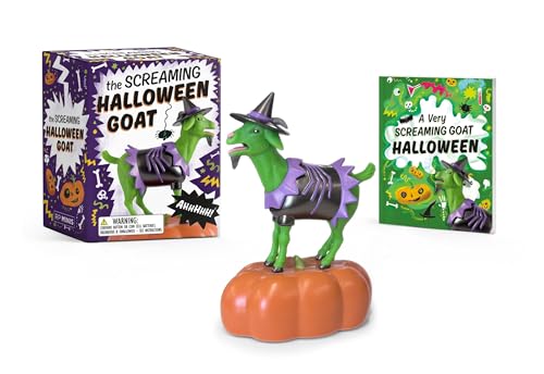 Green goat wearing a witch hat, screaming on an orange pumpkin.
