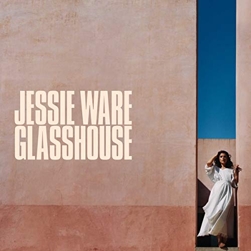 Jessie Ware’s “Glasshouse” album cover: woman in white dress, pink and blue background.