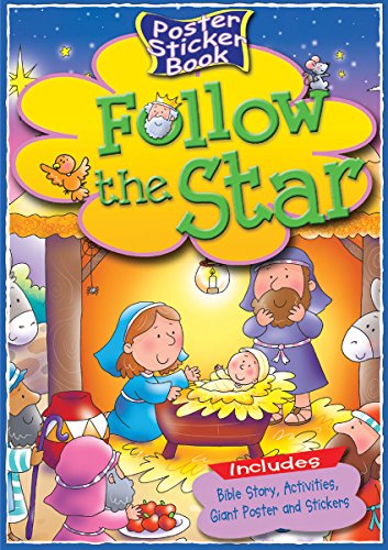 Nativity scene illustration with “Follow the Star” title and sticker book label.