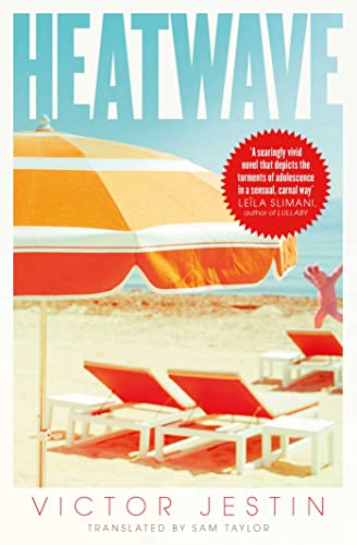 Book cover featuring a beach scene with an orange umbrella and red lounge chairs.