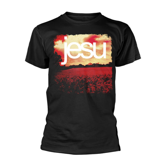 Black t-shirt with white “jesu” text over a red and yellow sunset image.