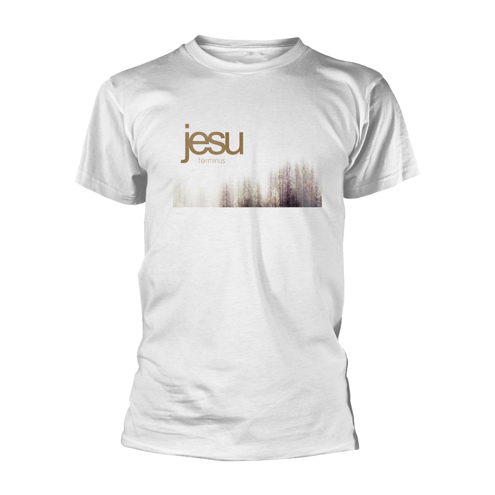 White t-shirt with "jesu terminus" text over a forest image.
