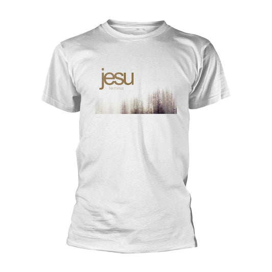 White t-shirt with "jesu terminus" text over a forest image.