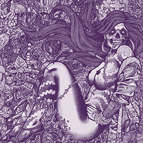 Intricate purple line art of a skeletal woman surrounded by barbed wire and foliage.