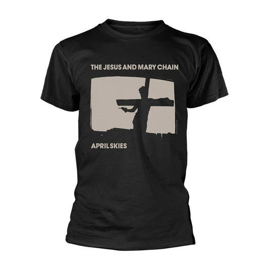 Black t-shirt with album art for The Jesus and Mary Chain’s “April Skies.”