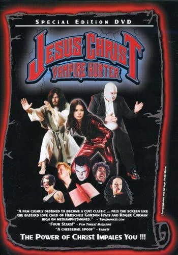 DVD cover featuring Jesus Christ, a woman in red leather, and a masked man.
