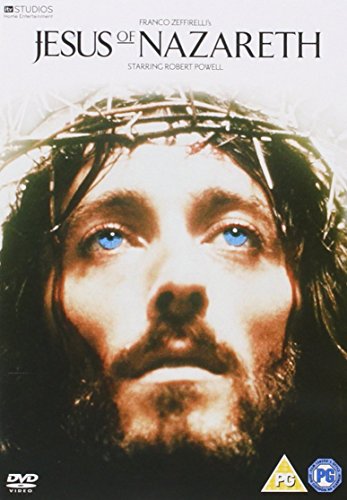 Close-up of Jesus wearing a crown of thorns on the Jesus of Nazareth DVD cover.