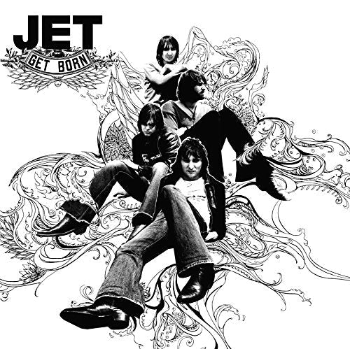 Black and white album cover featuring the band Jet against swirling line art designs.