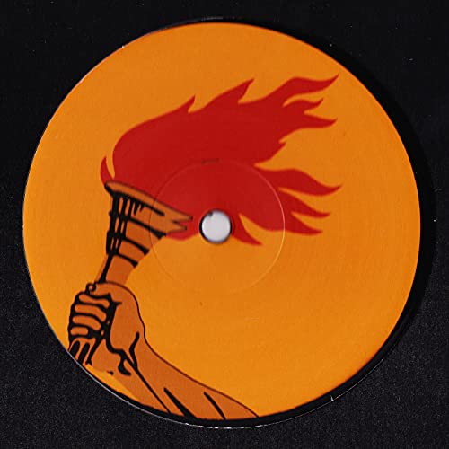 Vinyl record label with illustration of a hand holding a flaming torch.
