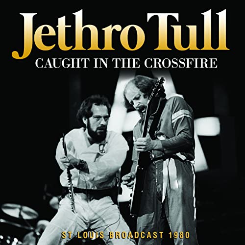 Black and white photo of Jethro Tull performing live on stage in 1980.