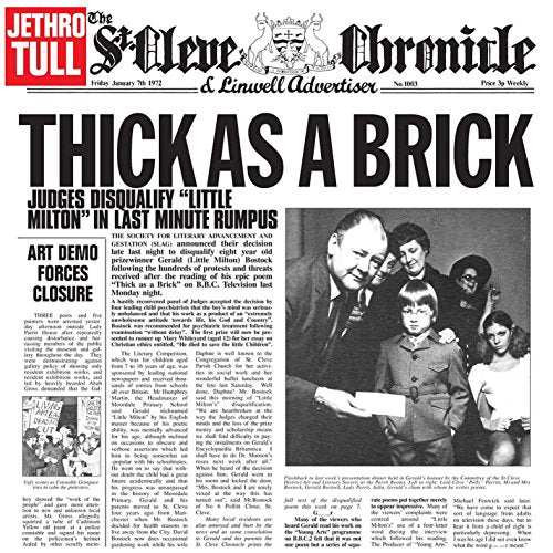 "Newspaper cover with 'Thick as a Brick' headline and black-and-white band photo."