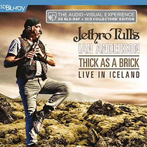 Ian Anderson of Jethro Tull playing a flute, album cover art.