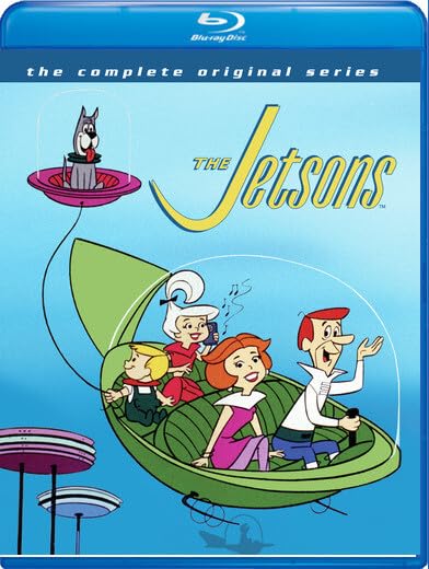 Blu-ray cover for "The Jetsons" featuring the family in a flying car.