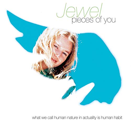 Blonde woman's face surrounded by white and blue silhouette on white background.