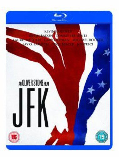 Blu-ray cover for the film JFK with red and blue American flag-themed abstract shapes.