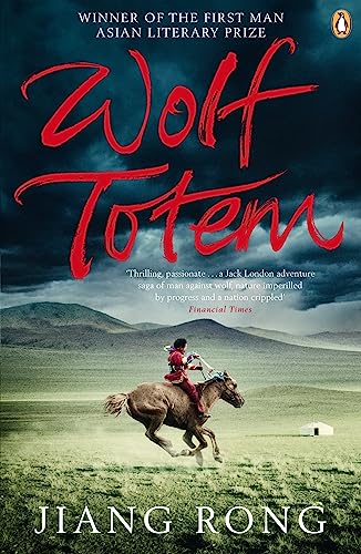 Book cover: “Wolf Totem” with a rider on horseback against a stormy sky.