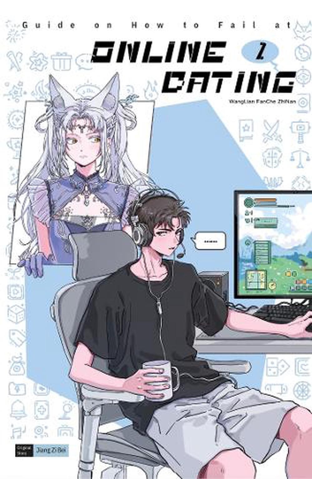 A young man wearing headphones sits at a computer, with a fantasy woman behind him.