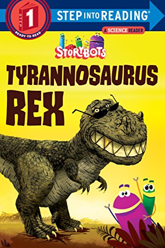 A Tyrannosaurus Rex wearing sunglasses stands next to two StoryBots on a yellow background.