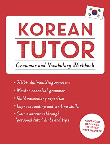 Cover of Korean Tutor: Grammar and Vocabulary Workbook with a red background and flag.