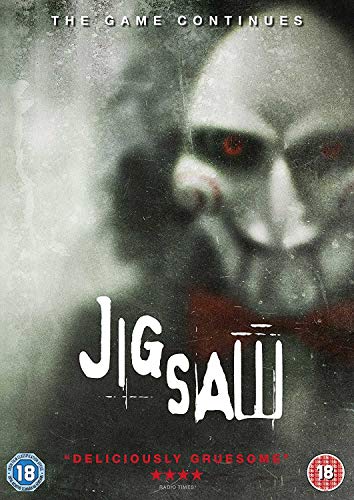 DVD cover for horror film "Jigsaw" featuring a close-up of Jigsaw’s face.