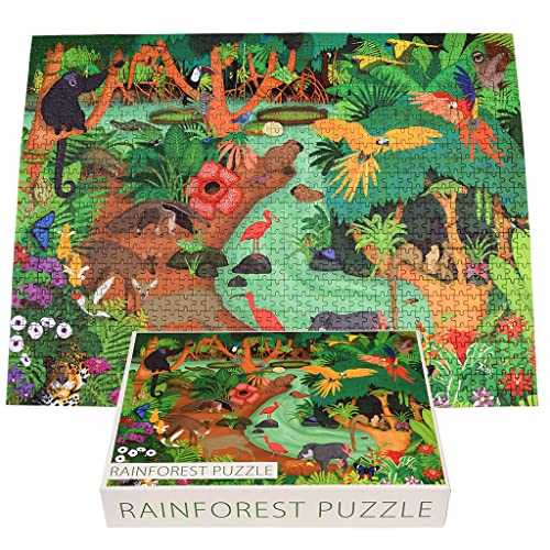 Completed 1000-piece jigsaw puzzle depicting a vibrant rainforest scene with animals.