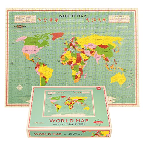 Completed 1000-piece world map jigsaw puzzle displayed with its matching product box.