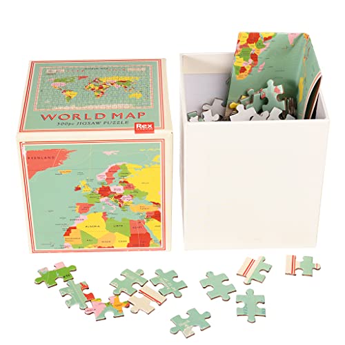 300-piece jigsaw puzzle of a colorful world map in a box.