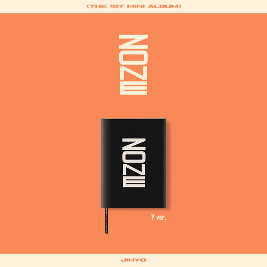 JIHYO's "ZONE" album cover: orange background with black text and case.