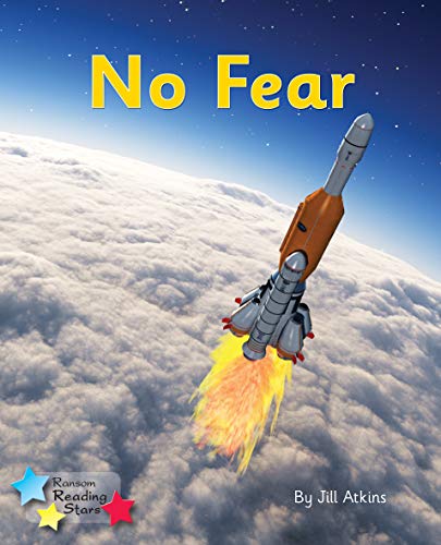 Book cover with "No Fear" title, a rocket, and cloud background.