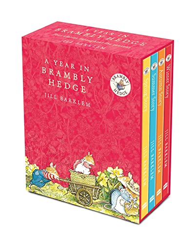 Box set of four Brambly Hedge books featuring mice illustrations on a pink background.