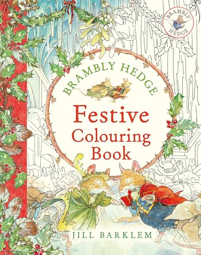 Brambly Hedge" festive colouring book cover with mice and winter foliage.