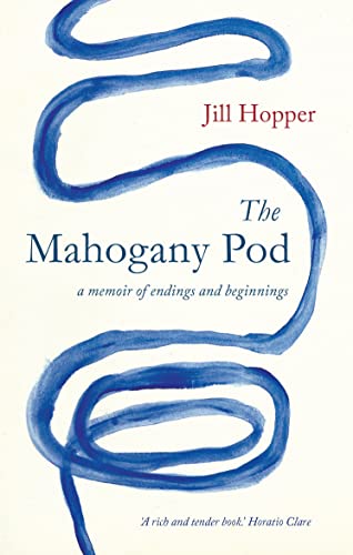 Book cover: "The Mahogany Pod" with blue swirling watercolor design.