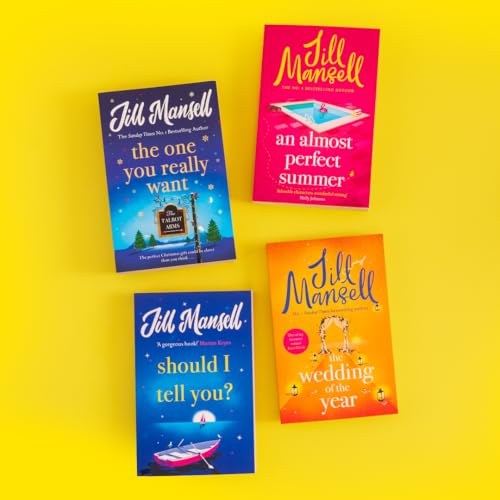 Four Jill Mansell novels arranged on a bright yellow background.