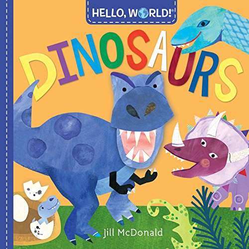 Book cover featuring colorful cartoon dinosaurs on an orange background with the title Dinosaurs.