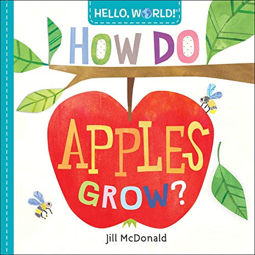 Book cover with a red apple, green leaves, and two bees.