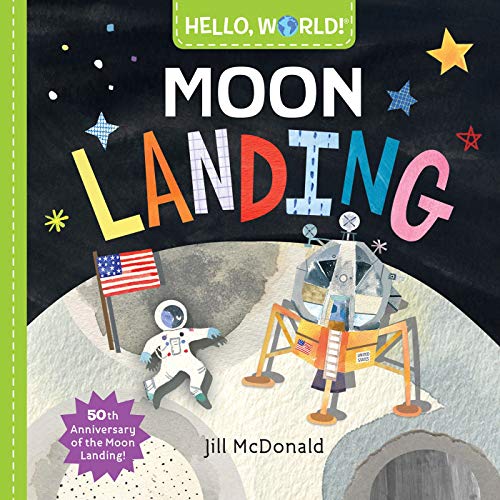 Book cover showing an astronaut and lunar module on the moon with colorful stars.