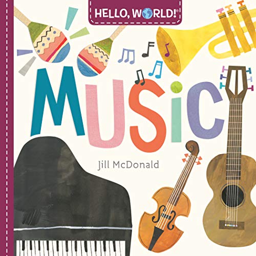Book cover, "Hello, World! Music," featuring musical instruments and notes.