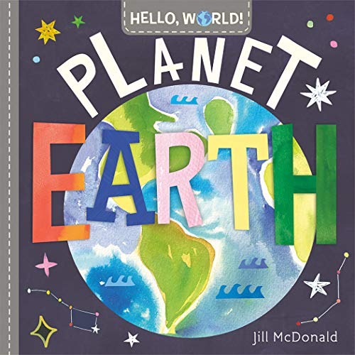 Book cover: "Hello, World! Planet Earth" with a watercolor globe.