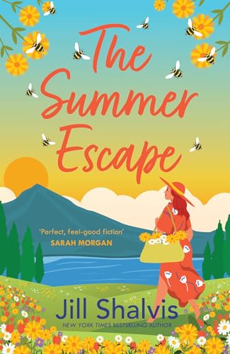 Book cover: woman with flowers, bees, mountains, and sunset illustration.