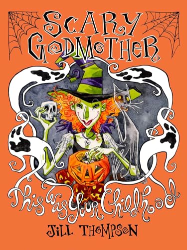 Scary Godmother book cover with witch, cat, skull, and pumpkin.