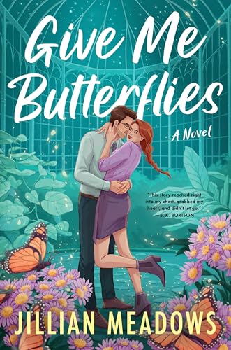 Book cover: couple embracing in a greenhouse with butterflies.