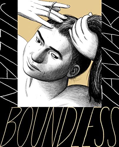 A person pulls their hair back in this black and white illustrated book cover.