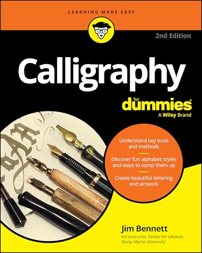 Book cover for Calligraphy For Dummies showing calligraphy pens on an orange background.