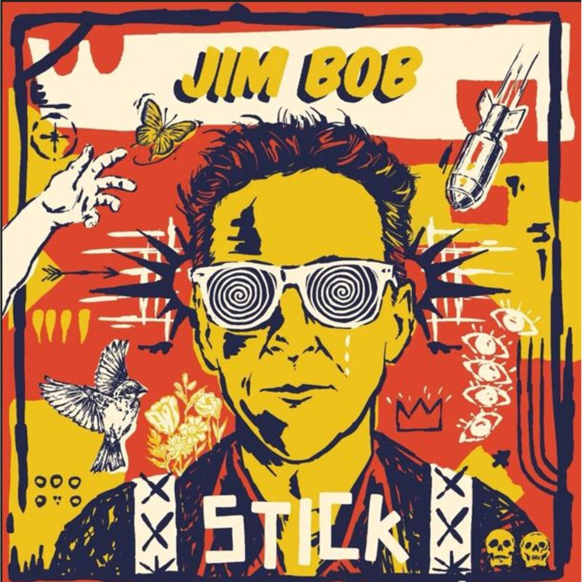 Jim Bob "Stick" album cover: portrait with surreal, colorful graphics.