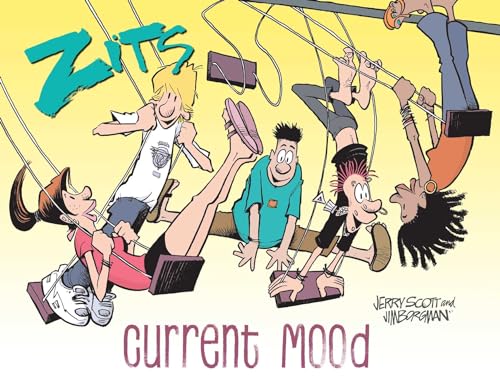 Cartoon characters from Zits hanging from swing sets against a yellow background.