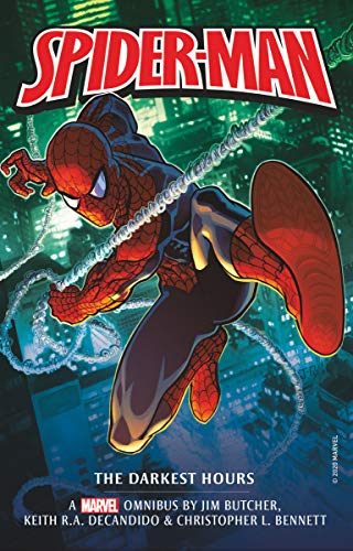 Spider-Man swinging from a web against a blurred city backdrop.