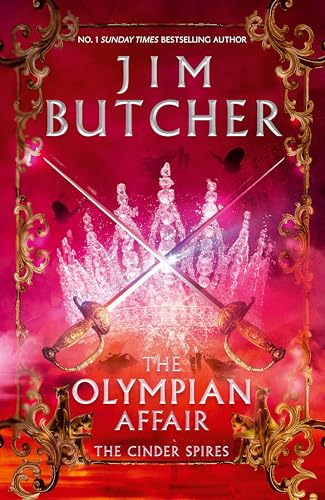 Book cover: red and gold ornate frame, crossed swords, fiery background.