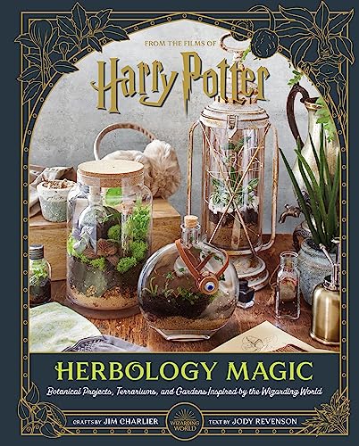 Harry Potter Herbology Magic book cover with terrariums and plants.